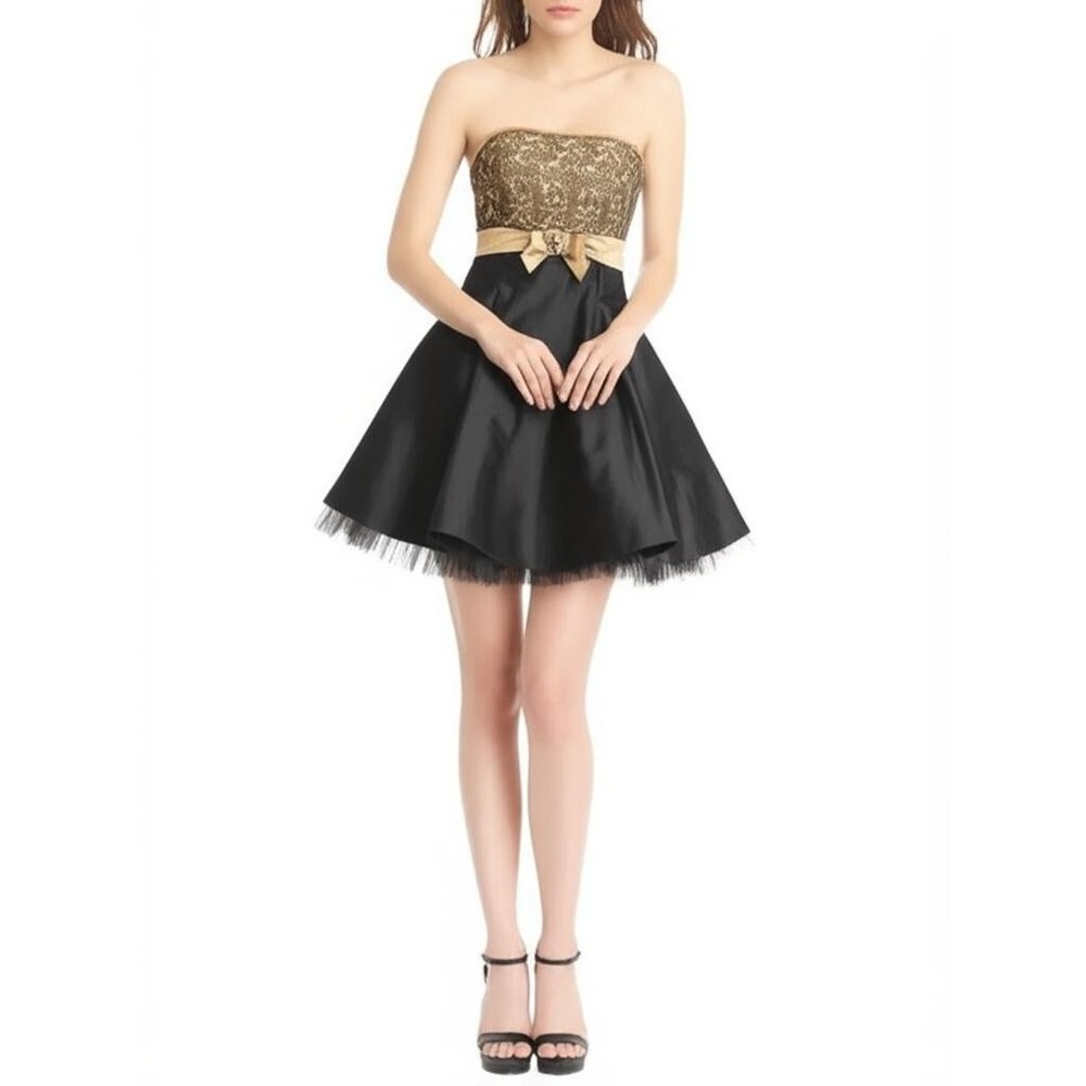 Jessica McClintock Gunne Sax Dress 80s‎ Strapless Embellished Bow Black Formal 3